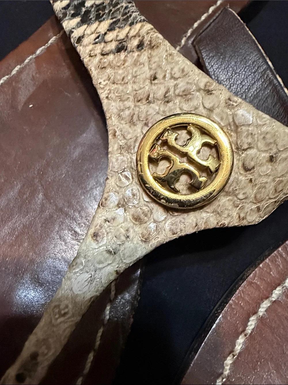 Tory Burch Brown Snakeskin-Pattern Thong Sandals with Gold Logo